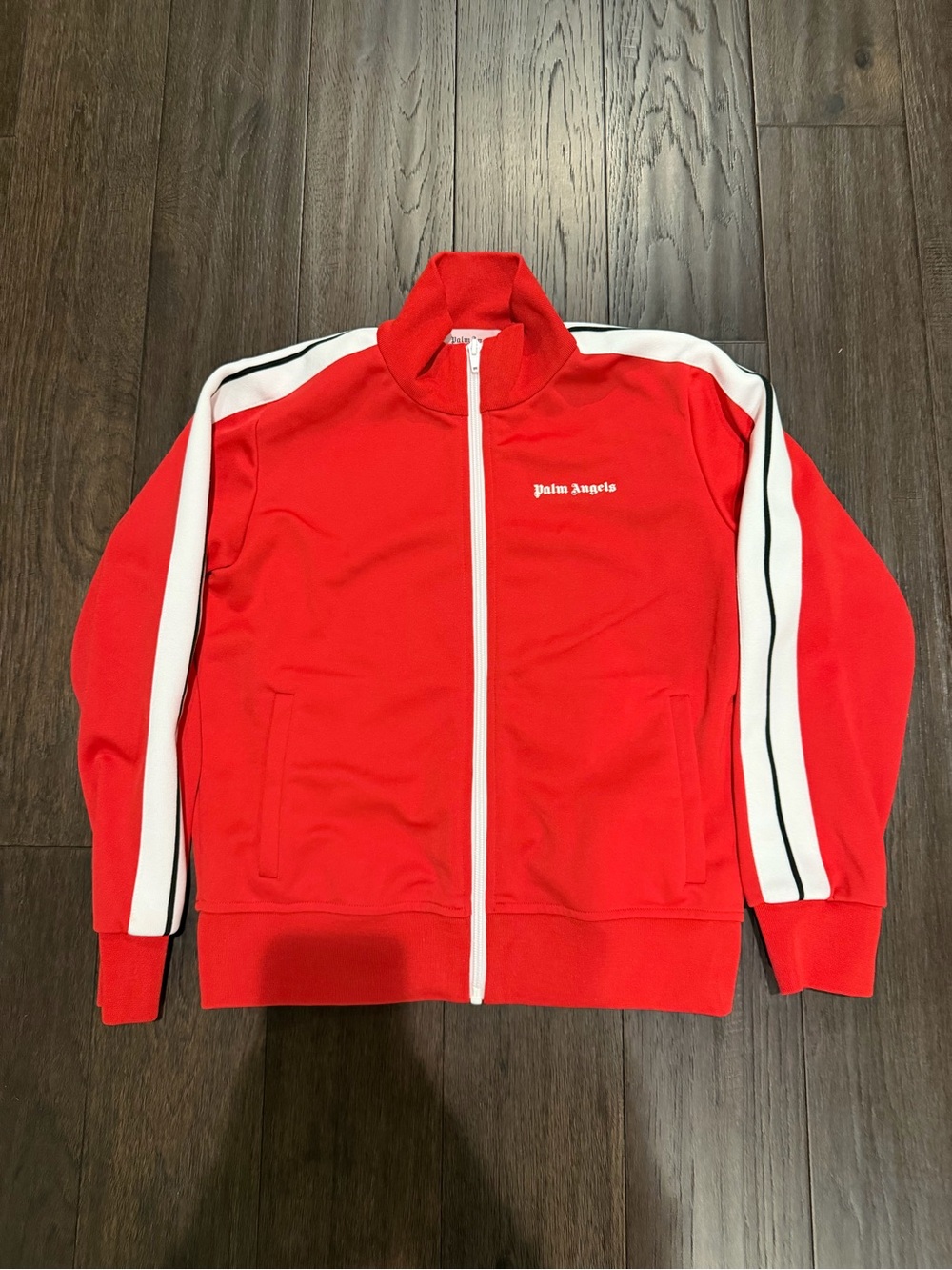 Palm Angels Red Zip-Front Track Jacket with White Stripes